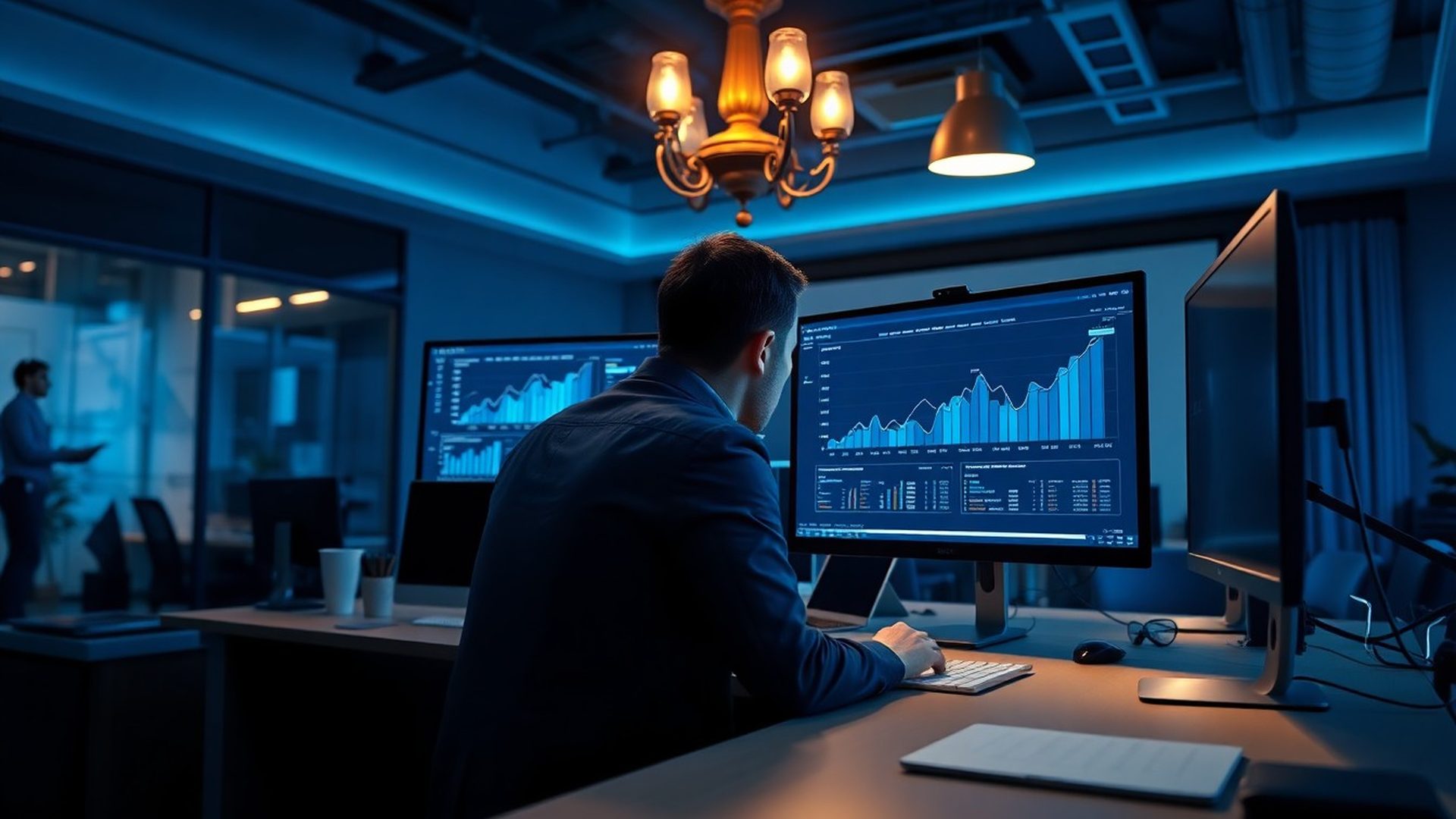 Analytik prohlíží grafy organického růstu na dvou monitorech