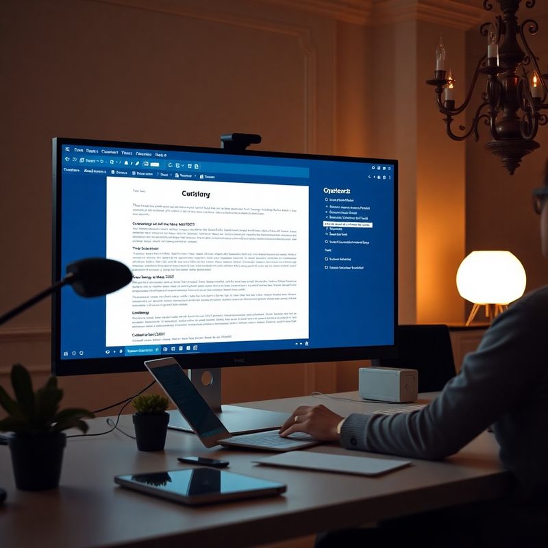 Obsahový stratég pracuje na strukturované osnově dokumentu na velkém monitoru